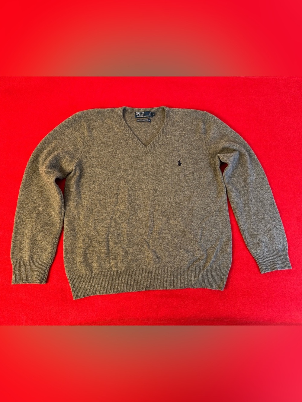 Polo Ralph Lauren 100% Lambs Wool V Neck Gray Sweater Mens Size L